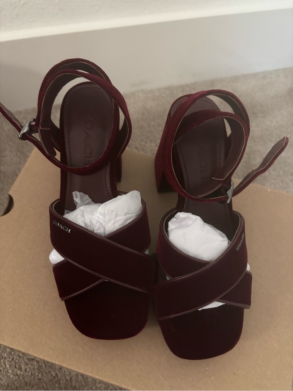 Coach Burgundy Velvet Block Heel Sandals